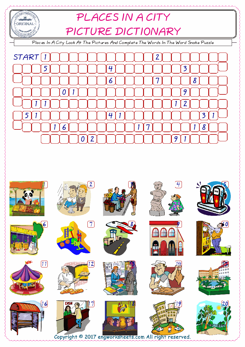  Check the Illustrations of Places In A City english worksheets for kids, and Supply the Missing Words in the Word Snake Puzzle ESL play. 